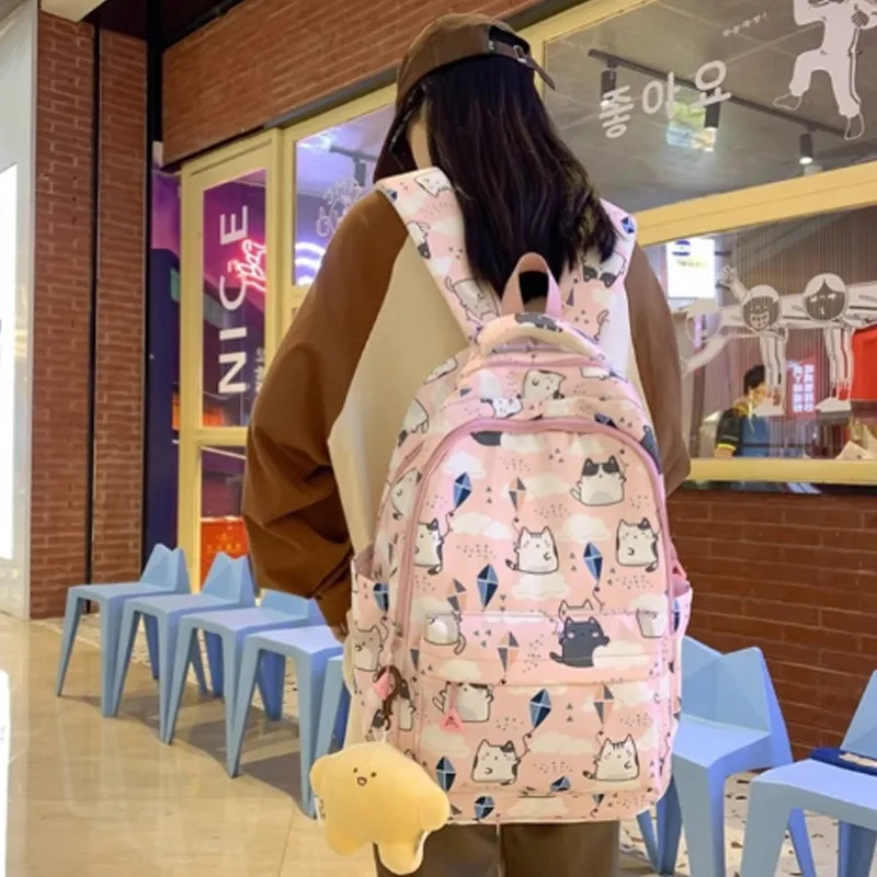 PINK·LAND Nylon Fabric Backpack Large Size Unisex White/Gray/Blue/Pink-5