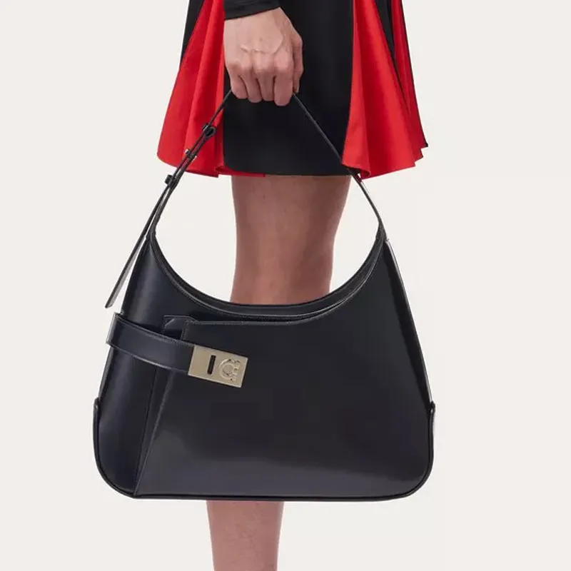 FERRAGAMO Brushed Calfskin Handbag Shoulder Bag Women's Black-5