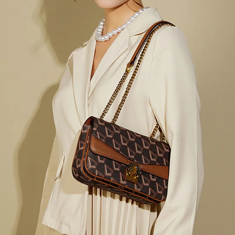 LMK PVC Casual White Collar Advanced Small Square Bag Crossbody Bag Shoulder Bag Women's Brown-3