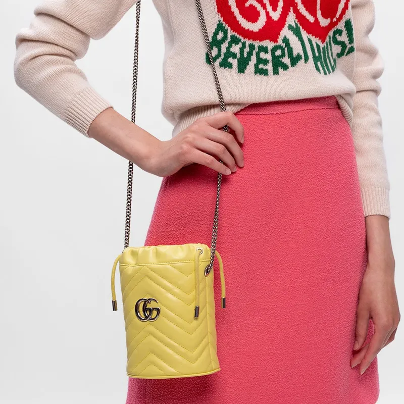 GUCCI Marmont Leather Bucket Bags Shoulder Bag Crossbody Bag Mini Women's Yellow-5