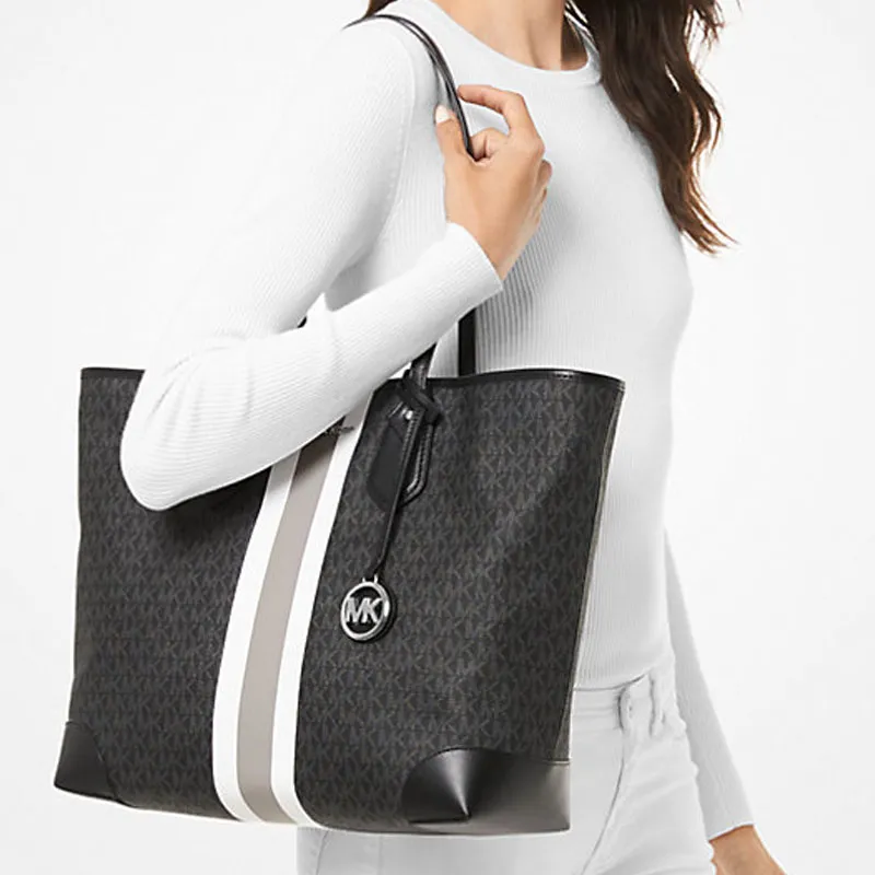 MICHAEL KORS Leather Cotton Canvas Tote Bag Shopping Bag Shoulder Bag Handbag Large Size Women's Black-3