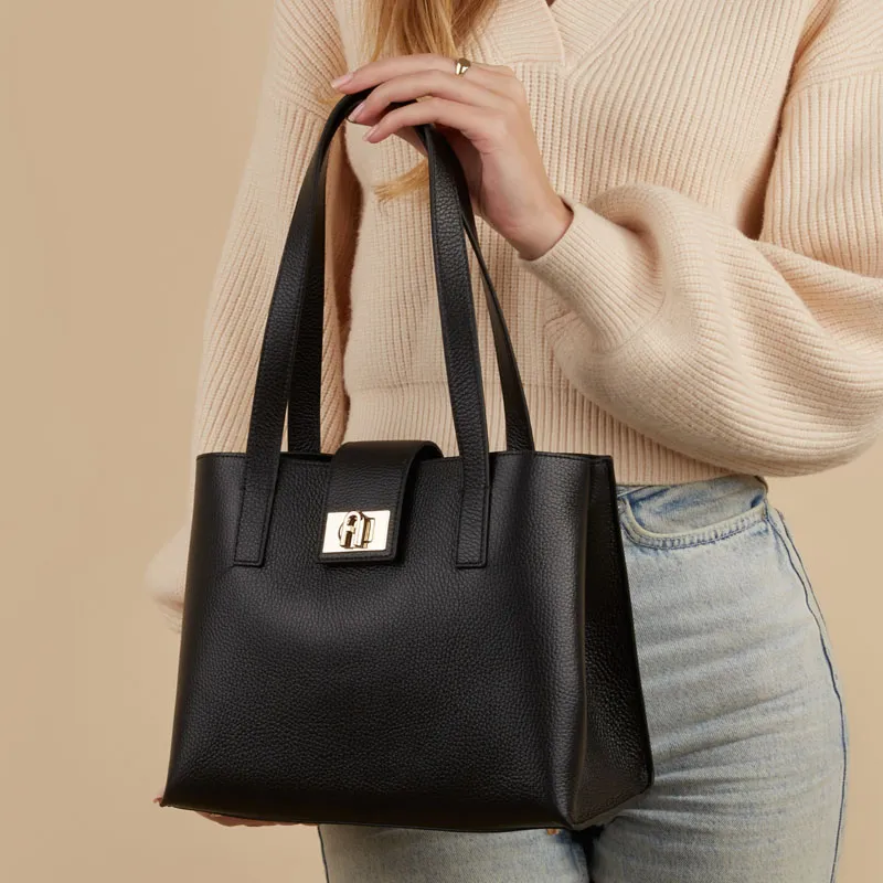Furla 1927 Collection Grain Cow Leather Tote Bag, Shopping Bag, Handbag, Shoulder Bag Women's Black-4