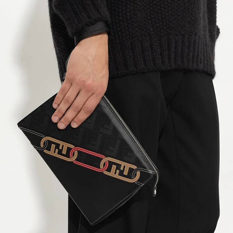 FENDI Cow Leather Handbag Wrist Bag Clutch Regular Men's Black-5