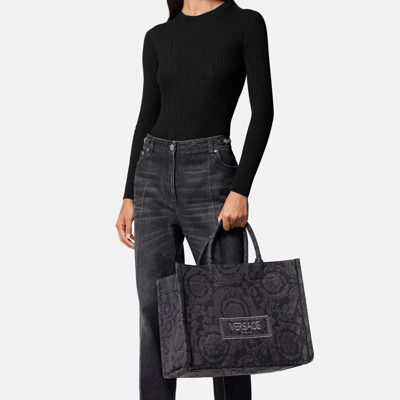 VERSACE Barocco Polyamide With Cotton Tote Bag, Shopping Bag, Handbag Regular Women's Black & Print-5