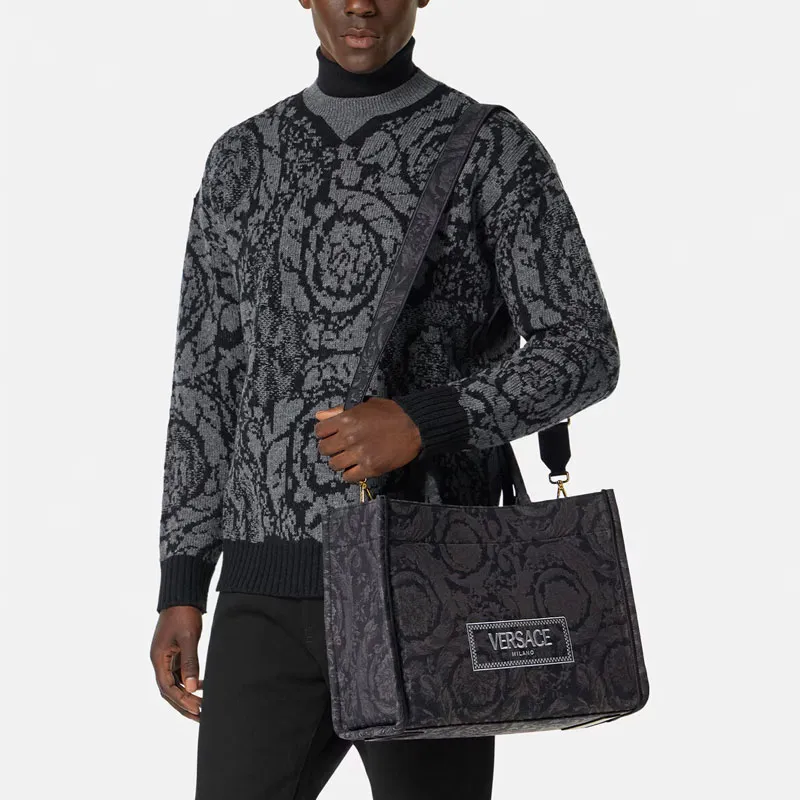 VERSACE Barocco Polyamide With Cotton Tote Bag, Shopping Bag, Handbag Regular Women's Black & Print-6