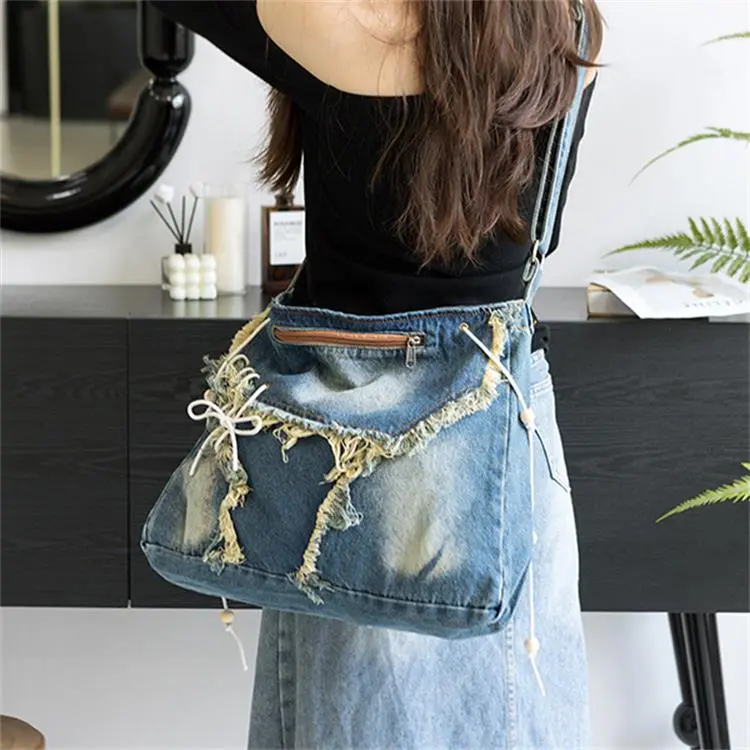 CARTELO Denim Tote Shoulder Bag Crossbody Bag Handbag Unisex Vintage Blue/Black-3