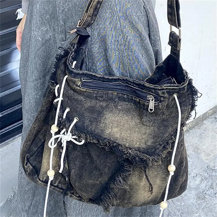 CARTELO Denim Tote Shoulder Bag Crossbody Bag Handbag Unisex Vintage Blue/Black-10