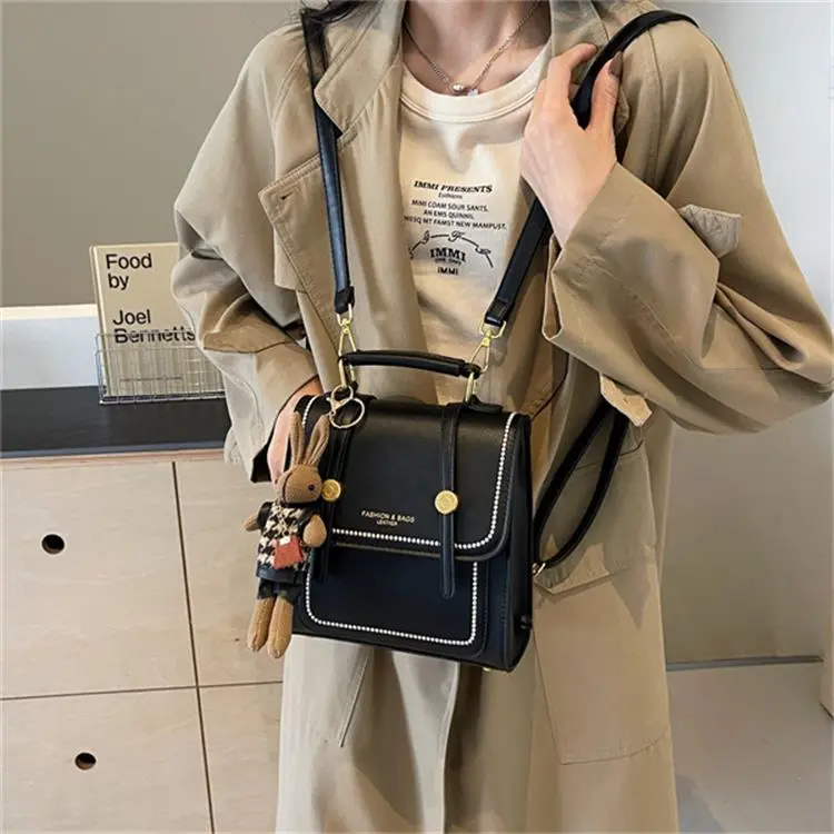 Dusen Kangaroo PU Backpack Handbag Regular Unisex Ecru/Black/Brown-13