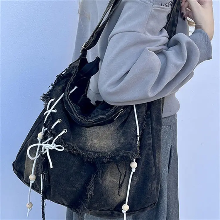 CARTELO Denim Tote Shoulder Bag Crossbody Bag Handbag Unisex Vintage Blue/Black-12