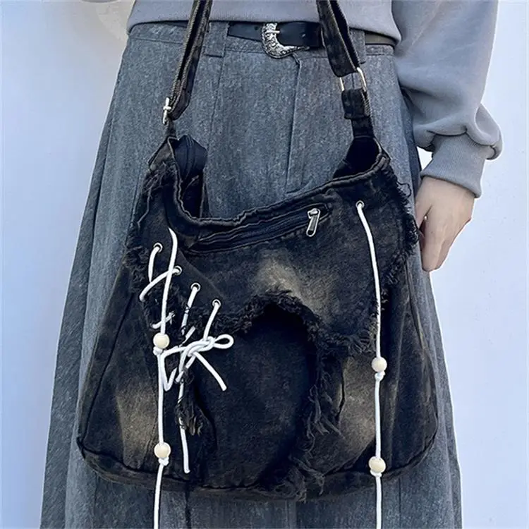 CARTELO Denim Tote Shoulder Bag Crossbody Bag Handbag Unisex Vintage Blue/Black-7