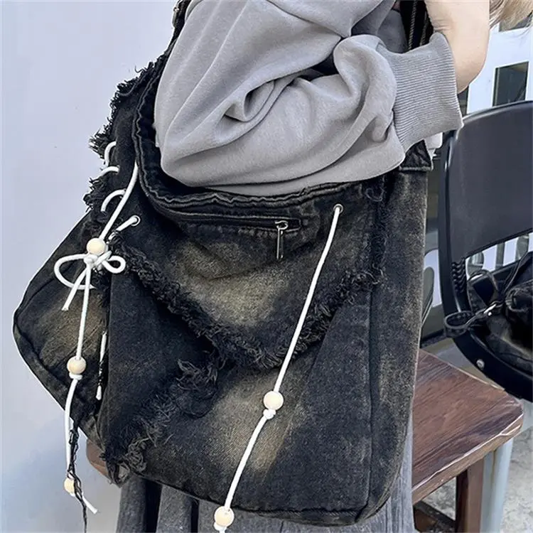CARTELO Denim Tote Shoulder Bag Crossbody Bag Handbag Unisex Vintage Blue/Black-13