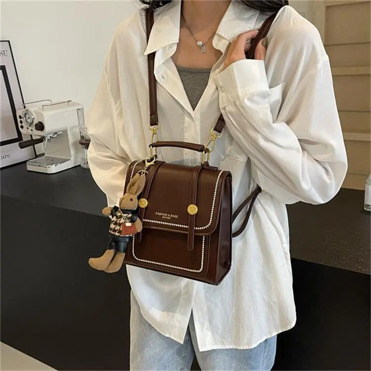 Dusen Kangaroo PU Backpack Handbag Regular Unisex Ecru/Black/Brown-17
