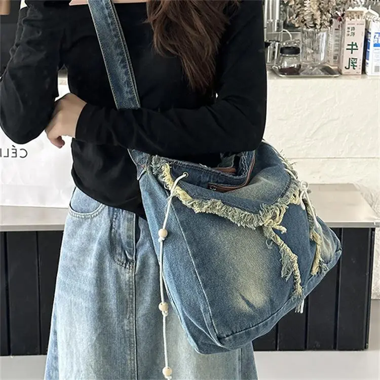 CARTELO Denim Tote Shoulder Bag Crossbody Bag Handbag Unisex Vintage Blue/Black-2