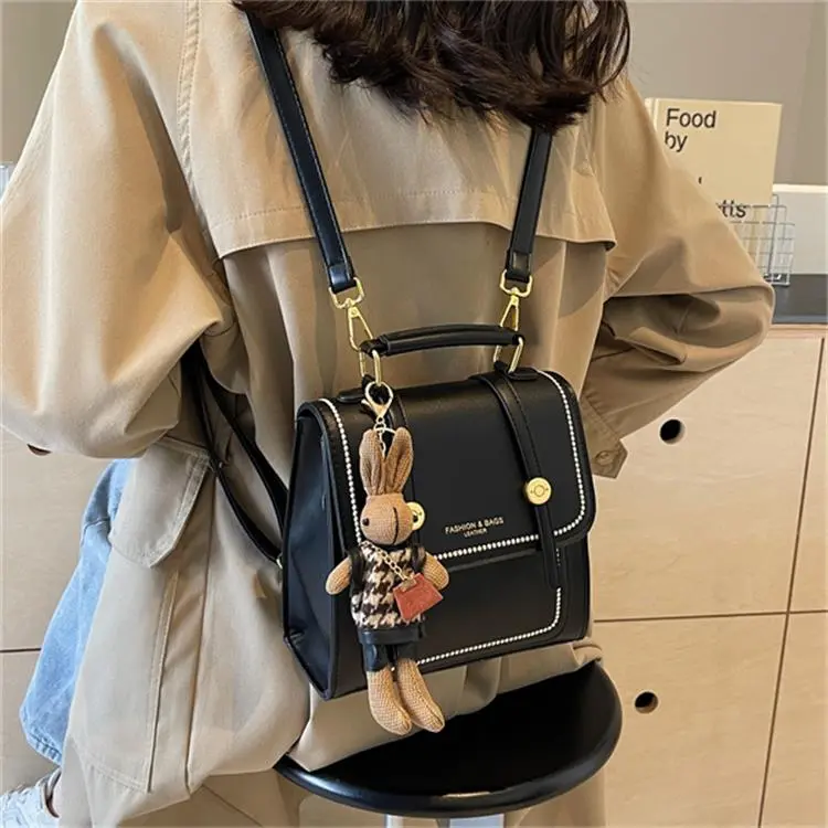Dusen Kangaroo PU Backpack Handbag Regular Unisex Ecru/Black/Brown-8