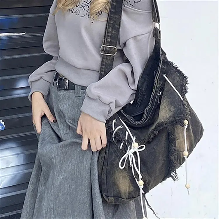 CARTELO Denim Tote Shoulder Bag Crossbody Bag Handbag Unisex Vintage Blue/Black-8