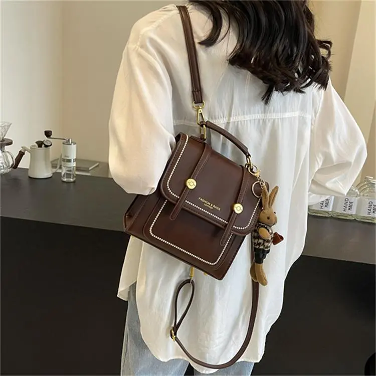 Dusen Kangaroo PU Backpack Handbag Regular Unisex Ecru/Black/Brown-20