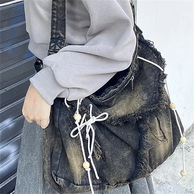 CARTELO Denim Tote Shoulder Bag Crossbody Bag Handbag Unisex Vintage Blue/Black-11