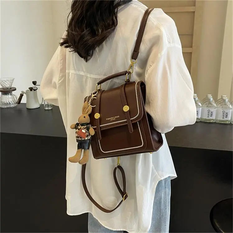Dusen Kangaroo PU Backpack Handbag Regular Unisex Ecru/Black/Brown-19