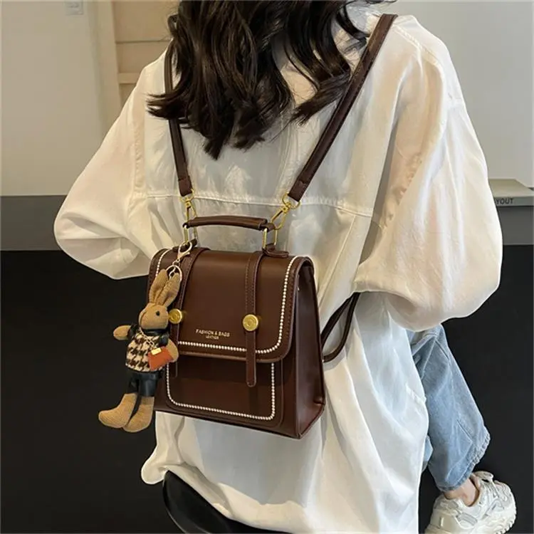 Dusen Kangaroo PU Backpack Handbag Regular Unisex Ecru/Black/Brown-15