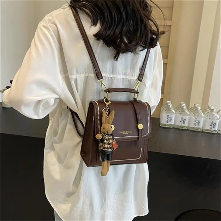 Dusen Kangaroo PU Backpack Handbag Regular Unisex Ecru/Black/Brown-18