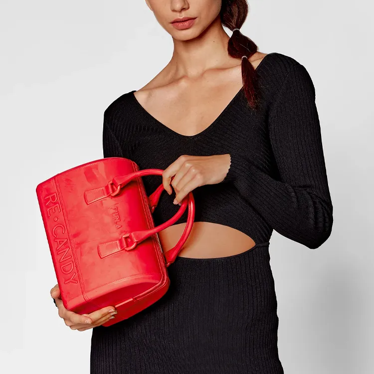 Furla Candy Polyurethane Boston Bag Shoulder Bag Crossbody Bag Handbag Medium Size Women's Orange Red-4