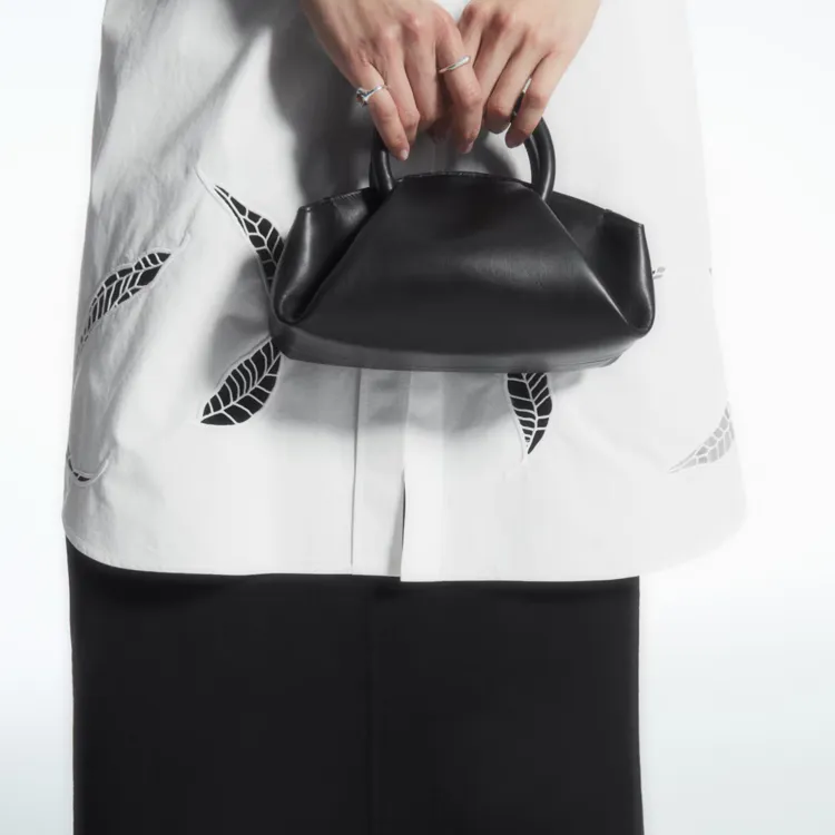COS Cow Leather Tote Bag, Shopping Bag, Handbag, Shoulder Bag Mini Women's Black-3