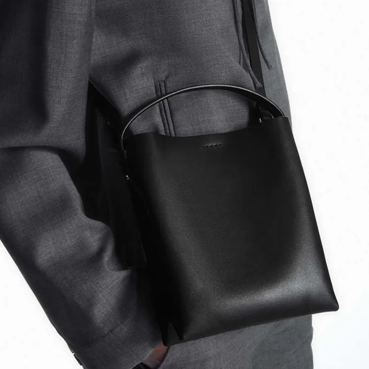 COS Cow Leather Small Square Bag Shoulder Bag, Crossbody Bag Mini Unisex Black-3