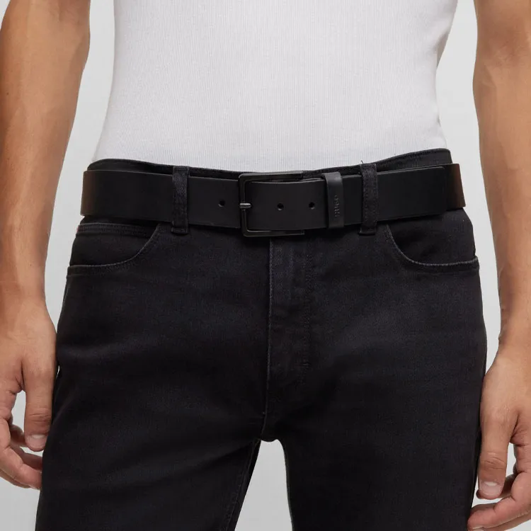 HUGO BOSS Letter Logo Pin Buckle Leather Belts Men's Black Width 4cm-1
