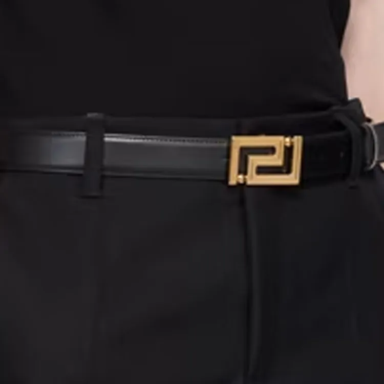 VERSACE Greca Emblem Detail Smooth Buckle Leather Belts Men's Black 3CM-2