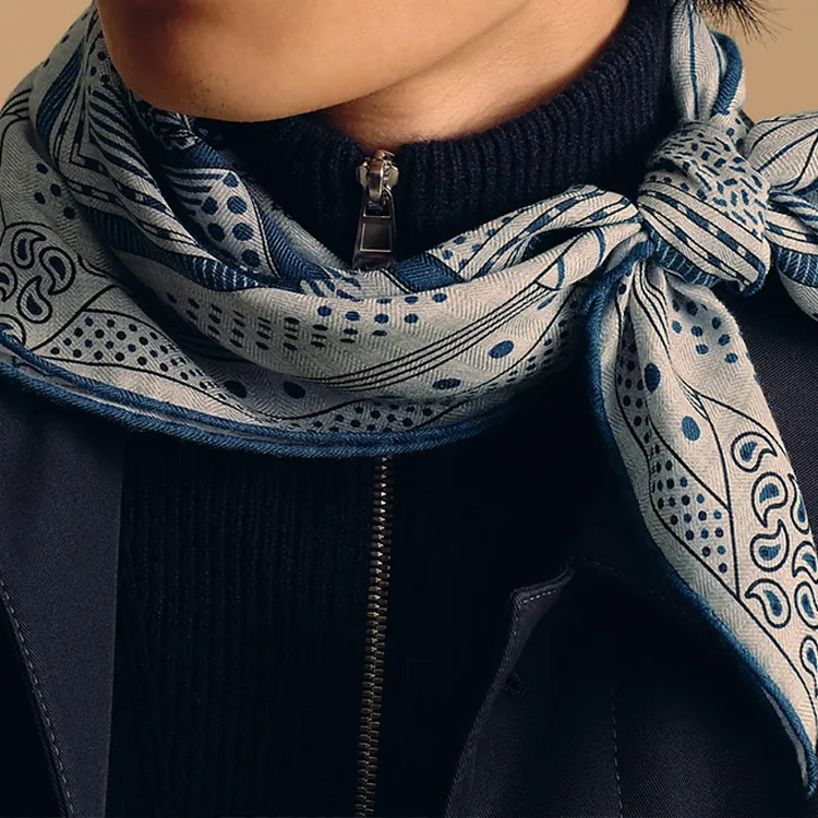 HERMES Cashmere Knit Scarves Men's Marble Blue-1