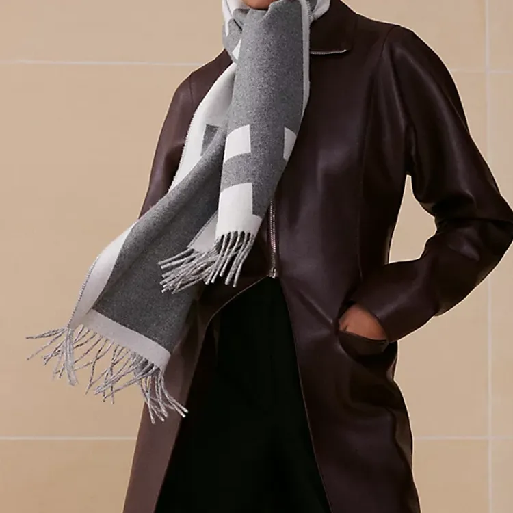 HERMES Cashmere Knit Scarves Unisex Gray-1
