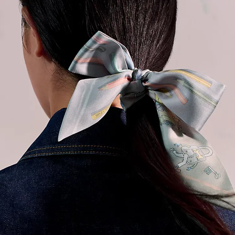 HERMES Silk Satin Ribbon Mulberry Silk Silk Scarves Unisex Light Blue-1