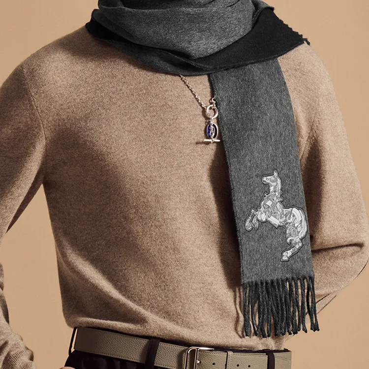 HERMES Cashmere Knit Scarves Unisex Gray-1
