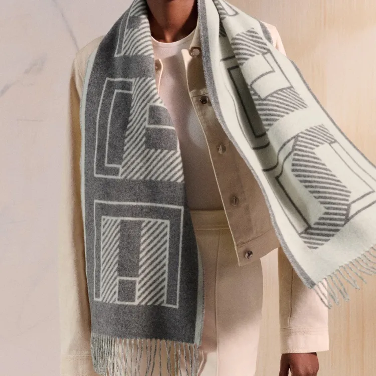HERMES Cashmere Knit Scarves Unisex Gray Green-1