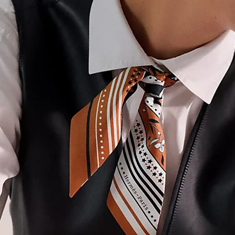 HERMES Silk Ribbon, Mulberry Silk Scarves Women's Caramel-2