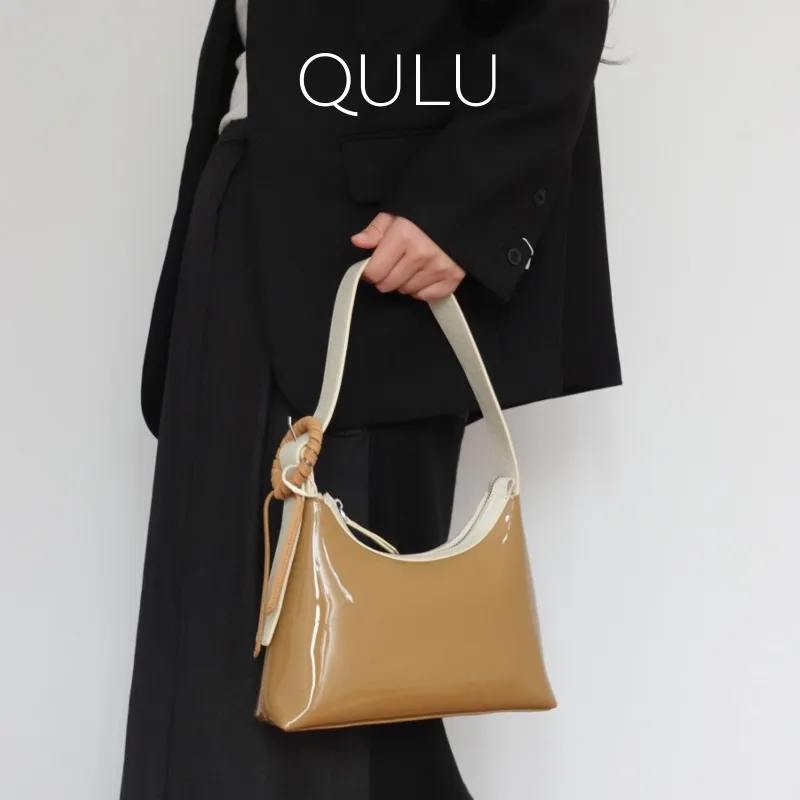 QULU Patent Leather Top Grain Cow Leather Shoulder Bag Baguette Bag Shoulder Bag Regular Women's Coffee/Green-3