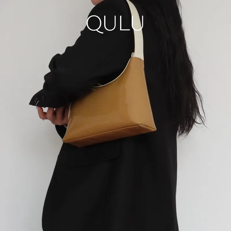 QULU Patent Leather Top Grain Cow Leather Shoulder Bag Baguette Bag Shoulder Bag Regular Women's Coffee/Green-2
