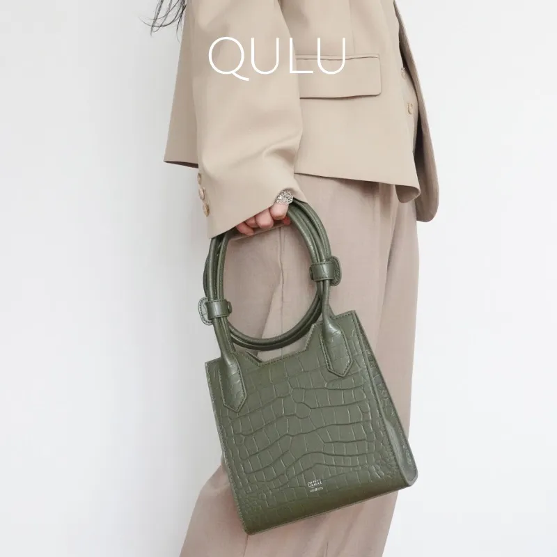QULU Cow Leather Letter Bag Small Square Bag Shoulder Bag Crossbody Bag Women's Green/Beige-10