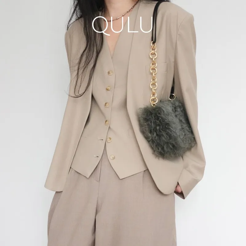 QULU Wool One Shoulder Handbag Small Size Women's Beige/Green/Black-26