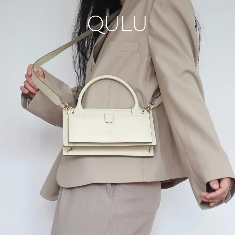QULU Cow Leather Crossbody Handbag Small Size Women's Ecru-3