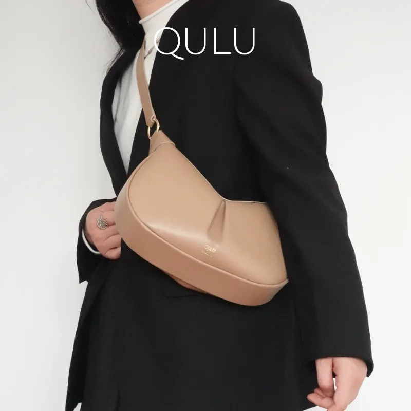 QULU Sheepskin Pea Bag, Crescent Bag, Shoulder Bag, Crossbody Handbag Medium Size Women's Milk Coffee-5
