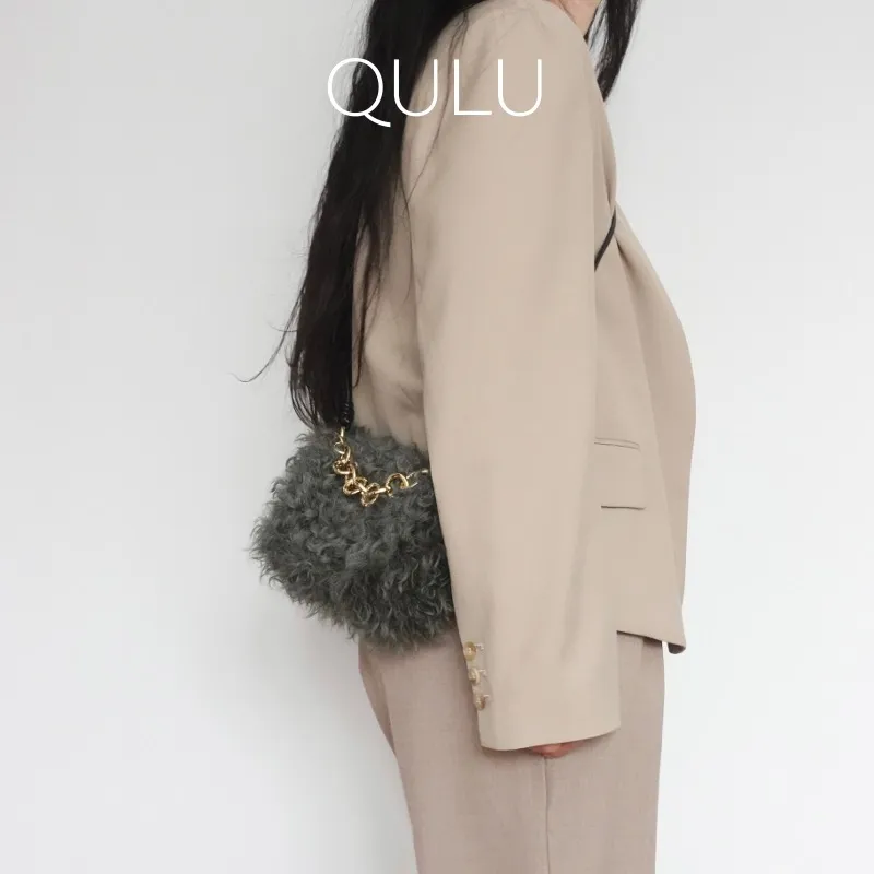 QULU Wool One Shoulder Handbag Small Size Women's Beige/Green/Black-22