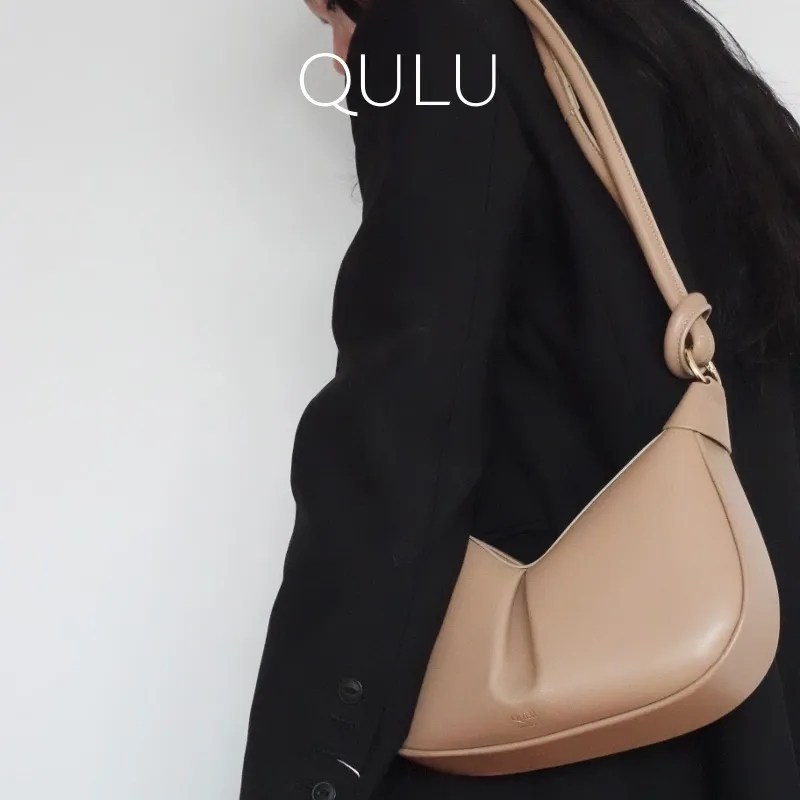 QULU Sheepskin Pea Bag, Crescent Bag, Shoulder Bag, Crossbody Handbag Medium Size Women's Milk Coffee-4