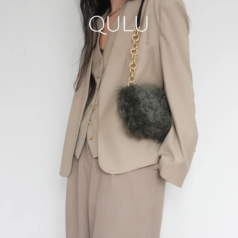 QULU Wool One Shoulder Handbag Small Size Women's Beige/Green/Black-25