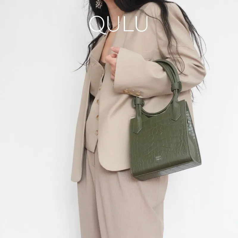 QULU Cow Leather Letter Bag Small Square Bag Shoulder Bag Crossbody Bag Women's Green/Beige-9