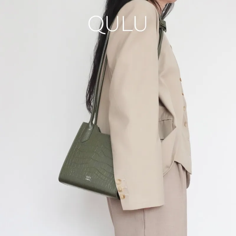QULU Cow Leather Letter Bag Small Square Bag Shoulder Bag Crossbody Bag Women's Green/Beige-7