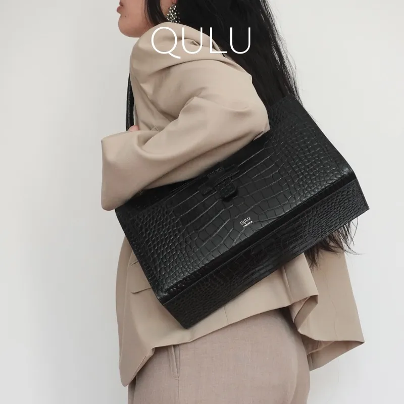 QULU Cow Leather Laptop Bag Tote Handbag Shoulder Bag Women's Solid Color-5
