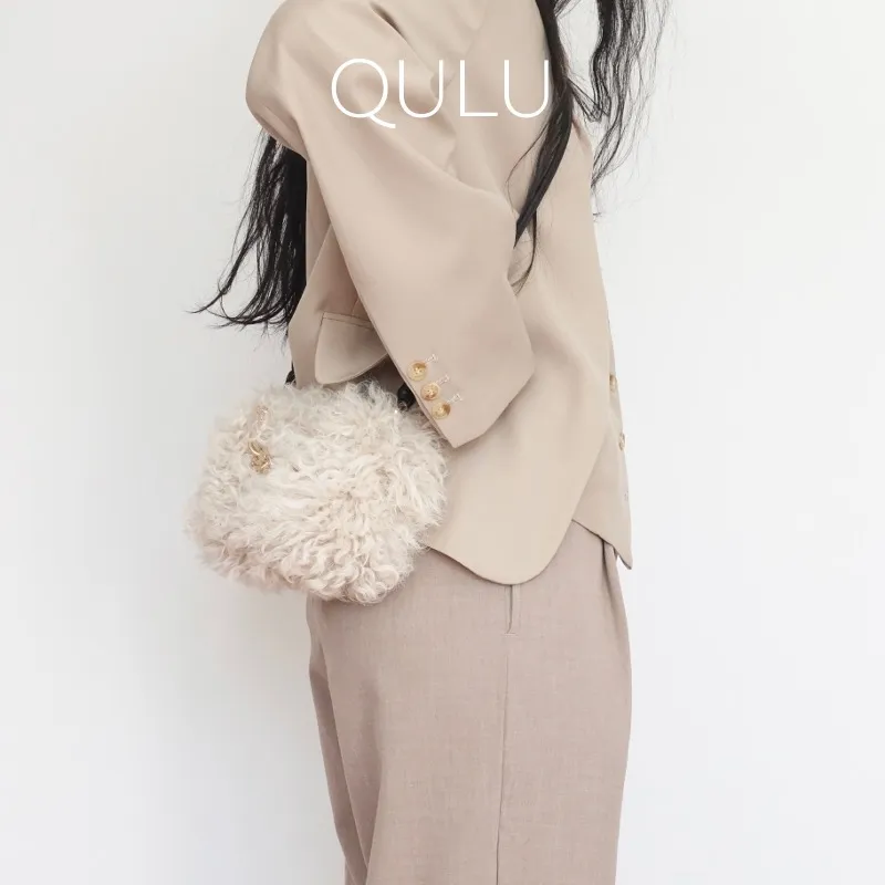 QULU Wool One Shoulder Handbag Small Size Women's Beige/Green/Black-11