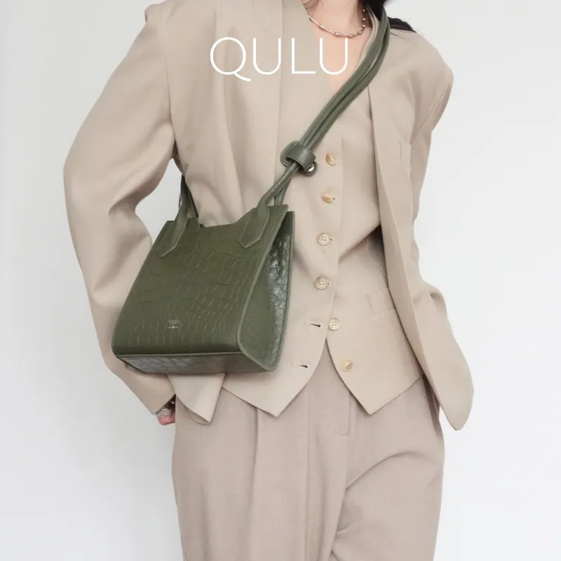 QULU Cow Leather Letter Bag Small Square Bag Shoulder Bag Crossbody Bag Women's Green/Beige-6