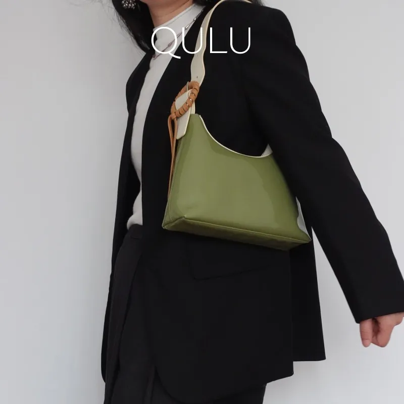 QULU Patent Leather Top Grain Cow Leather Shoulder Bag Baguette Bag Shoulder Bag Regular Women's Coffee/Green-9